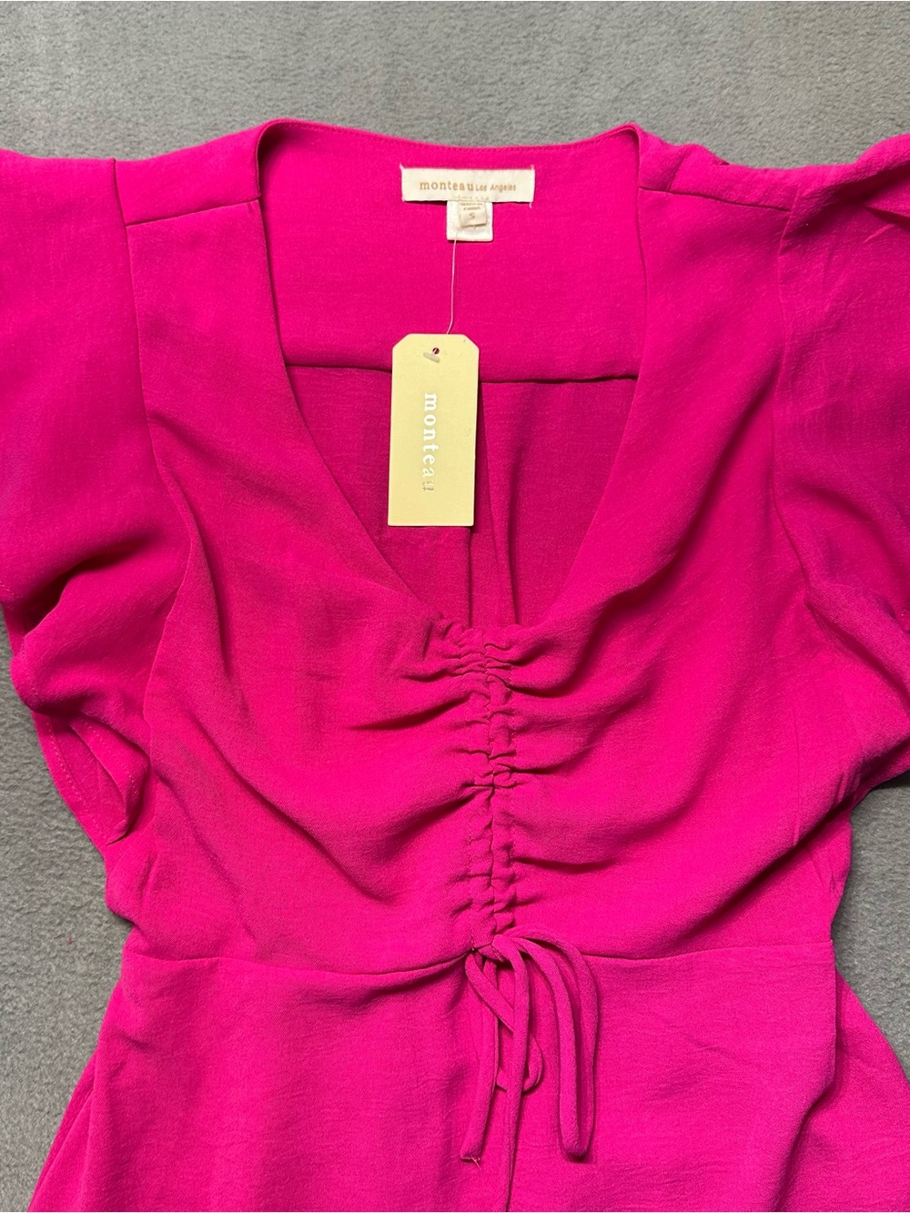 Monteau Los Angeles Womens Small Dress Pink Ruched Flutter Sleeve Mini NWT - Picture 3 of 12